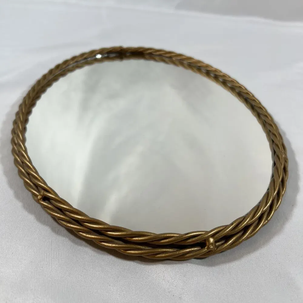 Vintage Gold Twisted Braided Metal Rope Framed Oval Wall Mirror Tray 12.5x9.5”